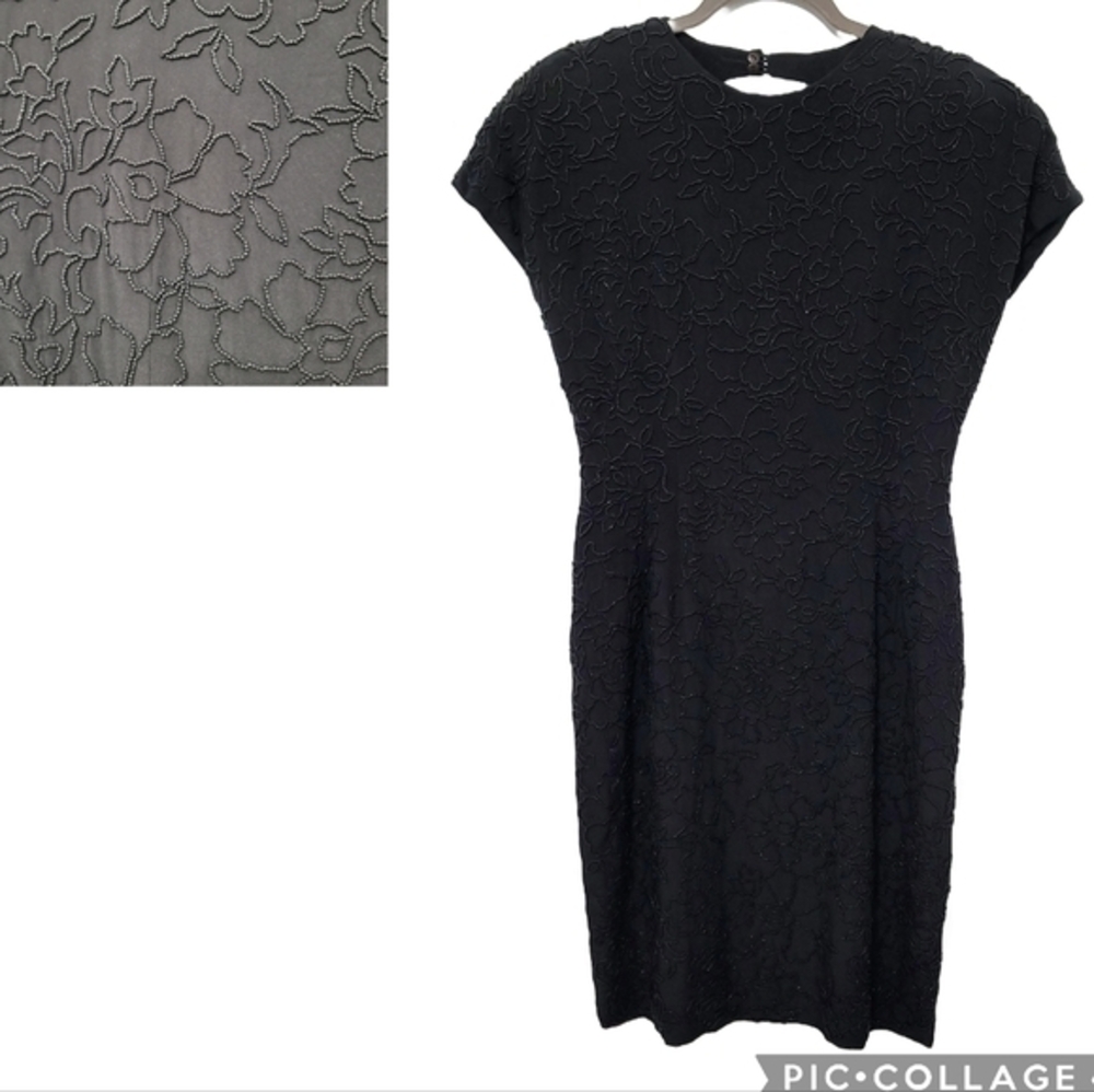 Carmen Marc Valvo Allover Floral Beaded Black Dress Sz‎ 10 Silk Cocktail Party
